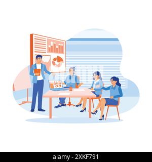 Diverse business teams have meetings inside the office. Analyze financial report graphs on a laptop screen and discuss them together during meetings. Stock Vector