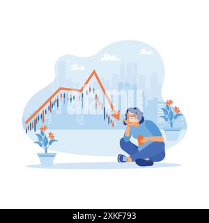 A businesswoman with a sad face is sitting on the floor holding a cell phone. Stressed looking at cell phones because of the declining stock exchange Stock Vector