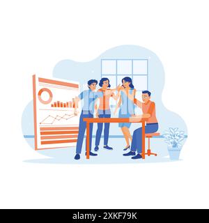 Business team holding a meeting and discussing together in the office. Business team hands high-fiving each other after achieving success. Teamwork me Stock Vector