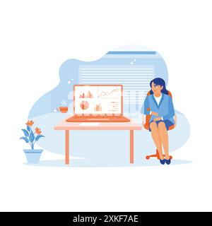 A female accountant is sitting in a chair next to a laptop. Analyze graphs and charts displayed on the laptop screen. Business analysis concept. trend Stock Vector
