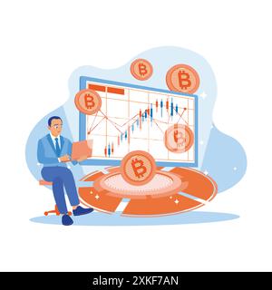 Businessman sitting on a chair and holding laptop looking at the stock market graph in office. Golden Bitcoins Floating in front of a computer screen. Stock Vector