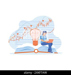 Businesswoman sitting on open book and light bulb. Using a laptop to study the stock market and candlestick charts. Stock Trading concept. trend moder Stock Vector