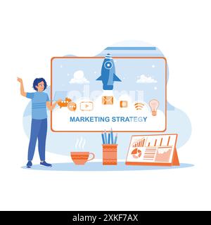 Young business people use a laptop computer to create a marketing strategy. Marketing Strategy and rocket icons appear on the laptop screen. Marketing Stock Vector