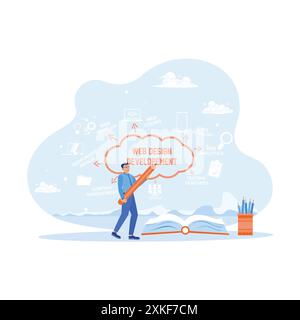 An adult man holding a giant pencil with other writing tools inside the office. Creating web design and development chart with icons on whiteboard. We Stock Vector