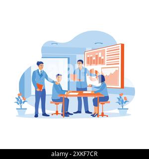 Diverse colleagues gather and discuss together in the meeting room. Discuss charts, diagrams and statistical data on office finances. Teamwork meeting Stock Vector