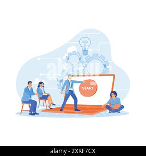 Businessman standing in front of laptop pressing start button on screen. Increasing education and employment in the field of computer technology. Educ Stock Vector