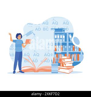 A student is studying mathematical formulas using a laptop. A graduation cap on a bookshelf and stationery beside it. Education concept. trend modern Stock Vector