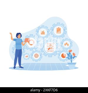 Company IT expert standing while holding the laptop. Features marketing icons connected to KPI financial charts and graphs. Business analysis concept. Stock Vector