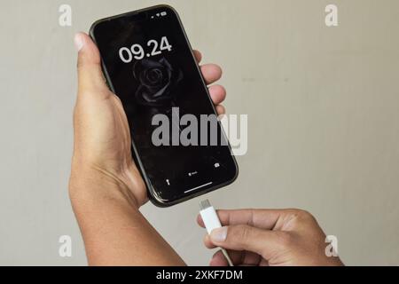Mobile smart phones charging. Man hands plugging a charger in a smartphone Stock Photo