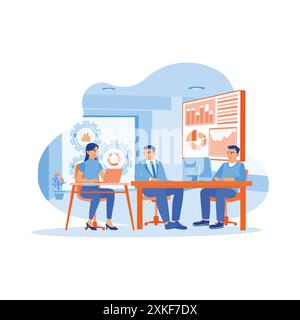 A young businesswoman leads a discussion during a meeting with her colleagues. Diverse businesspeople are working together on a new work project in th Stock Vector