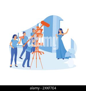 Behind the scenes of the filmmaking process. Production crew team shooting video of a female model with professional camera equipment in the studio. V Stock Vector