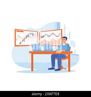 Young, successful trader working in front of the laptop computer in the office. Viewing company marketing growth candlestick charts. Stock Trading con Stock Vector
