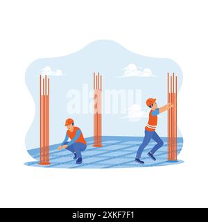 Construction workers making multi-storey buildings at a development project. Construction workers make steel reinforcement at the construction site. A Stock Vector