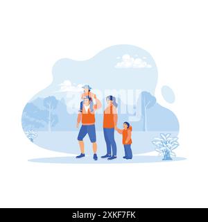 Happy father and mother walking with their two children in the park. They enjoyed a weekend getaway together in the park. A couple of comfortable, fun Stock Vector