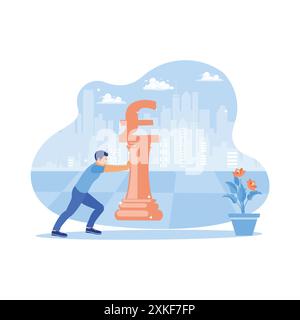 Adult man pushing money pound symbol on chess board. Urban landscape background with multi-story buildings. Finance control scenes concept. trend mode Stock Vector