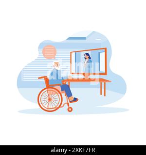 An older man in a wheelchair is making a video call on the laptop. The senior man consults online with a young woman doctor at home. Doctor Talking To Stock Vector