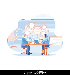 Close-up UX developer and UI designer exchanging mobile app interface wireframe design ideas at a desk in a modern office. Creative digital developmen Stock Vector