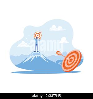 Businessman holding target board on a mountain top. Efforts to achieve goals. Marketing concept. trend modern vector flat illustration Stock Vector