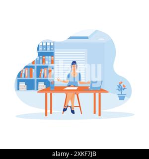 Career woman sitting relaxed, meditating in front of a laptop. Take a deep breath to relieve stress after work. Self-improvement concept. trend modern Stock Vector