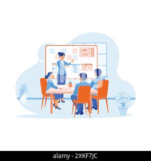 The female manager leads a business creative team meeting in a mobile app software design project. Discuss with each other during meetings in the offi Stock Vector