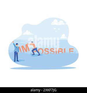 Mature men and business people are turning the impossible text into the possible outdoors. Process to success. Self-improvement concept. trend modern Stock Vector