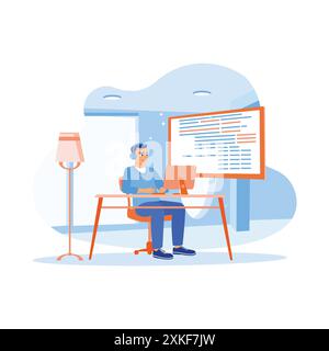 Young man working from home. Developing software programming code using a computer laptop. Software developers concept. trend modern vector flat illus Stock Vector