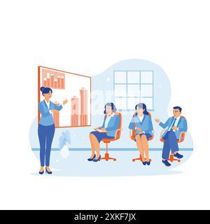 The female manager leads a meeting with other colleagues inside the office. Analyze graphs on the projector screen and discuss with each other during Stock Vector