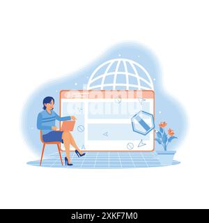 Young woman sitting at work. Using web window search info on the laptop screen. Web design concept. trend modern vector flat illustration Stock Vector