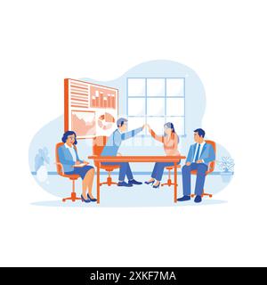 The businessman and his assistant are having a meeting with colleagues in the meeting room. Businessmen and colleagues high-five each other after reac Stock Vector