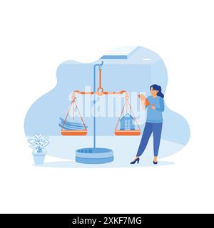 A young woman is standing indoors using a smartphone and pen. Record the balance between the stack of banknotes and the house model. House Model Balan Stock Vector