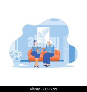The doctor practitioner is sitting with the adult female patient on the sofa. Doctor showing results of medical examination of an adult female patient Stock Vector