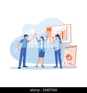 The manager presents the work results to the work team in the office. The manager gave a high five to his two work assistants. Success and happiness t Stock Vector