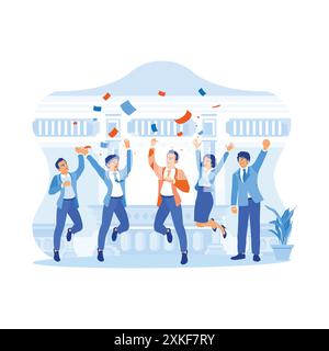 The marketing team celebrates business wins with colleagues. Having fun and throwing confetti in the office. Happy business people are celebrating suc Stock Vector