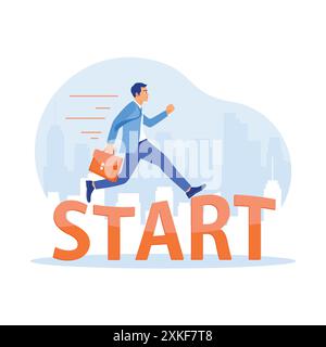 Businessman walks on the word START. Starting a new business idea towards success. Career Development Concept. Trend Modern vector flat illustration Stock Vector