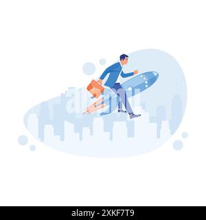 Businessman carrying briefcase flying using jet rocket on blue sky background. Success in business and career concept. Career Development Concept. Tre Stock Vector