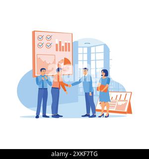 Friendly male boss shaking hands with new staff in office. The boss congratulates you on joining our team. New employees concept. trend modern vector Stock Vector