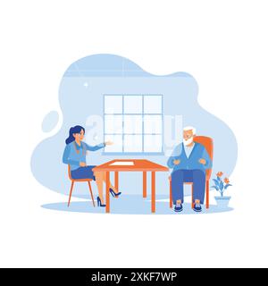 Senior man consulting with a doctor in the hospital. The patient tells the doctor about health complaints. Elderly patient concept. Trend Modern vecto Stock Vector