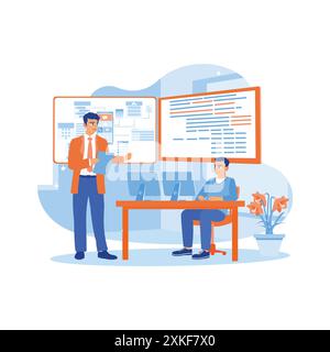 The electronic development engineer talked with the manager and showed the new project. Using CAD software on a virtual screen computer screen. Softwa Stock Vector