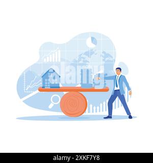 A businessman's hand points to a small house model and a pile of coins on a seesaw. Background graphics on the screen. House Model Balance Equilibrium Stock Vector