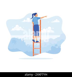 Young woman standing on stairs with beautiful view. Looking into the distance and pointing somewhere. Career Development Concept. trend modern vector Stock Vector