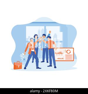 Happy and diverse businessmen are high-fiving after finding a solution to a problem as a result of successful brainstorming. Standing in an office spa Stock Vector