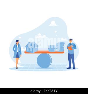 Property business people explain the balance between house models and construction costs to clients. Businessman taking notes on digital tablet. House Stock Vector