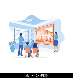 Female manager holding meeting with the team of economists in modern office. Analyze growth graphs, data, and statistics on digital screens. Growth An Stock Vector