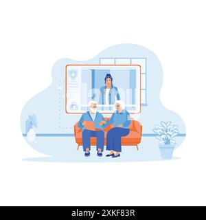 Happy mature husband and wife sitting on the sofa at home. Consulting about health with the young female doctor on the laptop. Doctor Talking To Elder Stock Vector