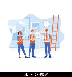 Engineers and architects work in the interior construction process of a house. Using a digital tablet to record information when inspecting constructi Stock Vector
