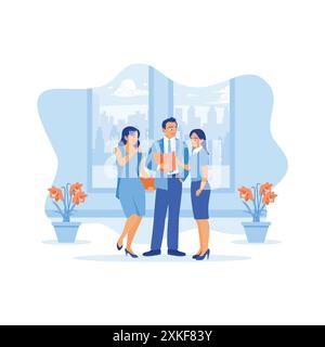 Group of young businesspeople standing in an office room. They talk to each other, consult and discuss ideas for new company projects. Discuss Informa Stock Vector