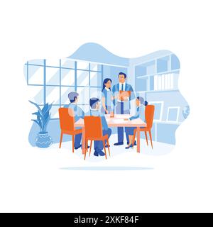 A diverse business team gathered together in the meeting room. Discuss business ideas, find solutions, and review product sales results. Discuss Infor Stock Vector