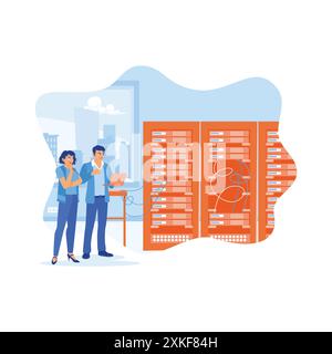 Male IT specialist and female server technician discussing work using a laptop. They stand in a data centre with server racks in a modern office. Disc Stock Vector