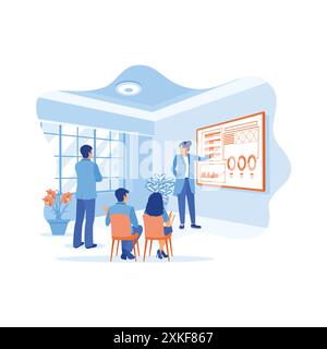 Millennial businesswoman standing making flip chart presentation in office. Work teams exchange ideas and discuss during presentations. Briefings conc Stock Vector
