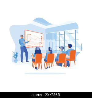 A businessman in glasses is standing next to the projector screen. Deliver educational workshop presentations to employees in the office. Briefings co Stock Vector